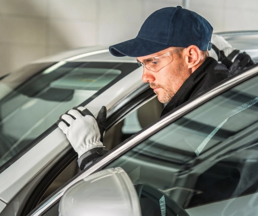 Tecnico al lavoro sulla sostituzione di un finestrino